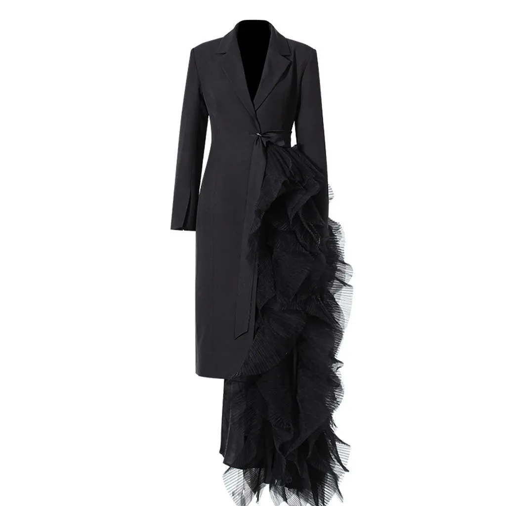 Asymmetrical Pleated Tulle Ruffle Collared Cinch Waist Tailored Midi Blazer Dress