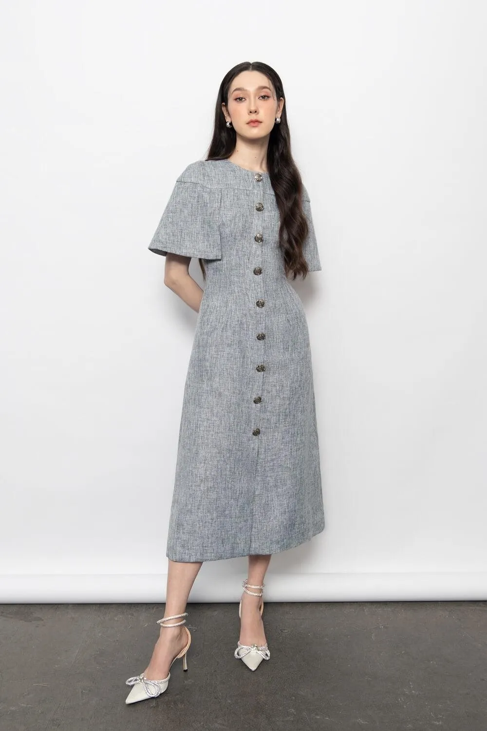 Ava A-line Button Tweed Midi Dress