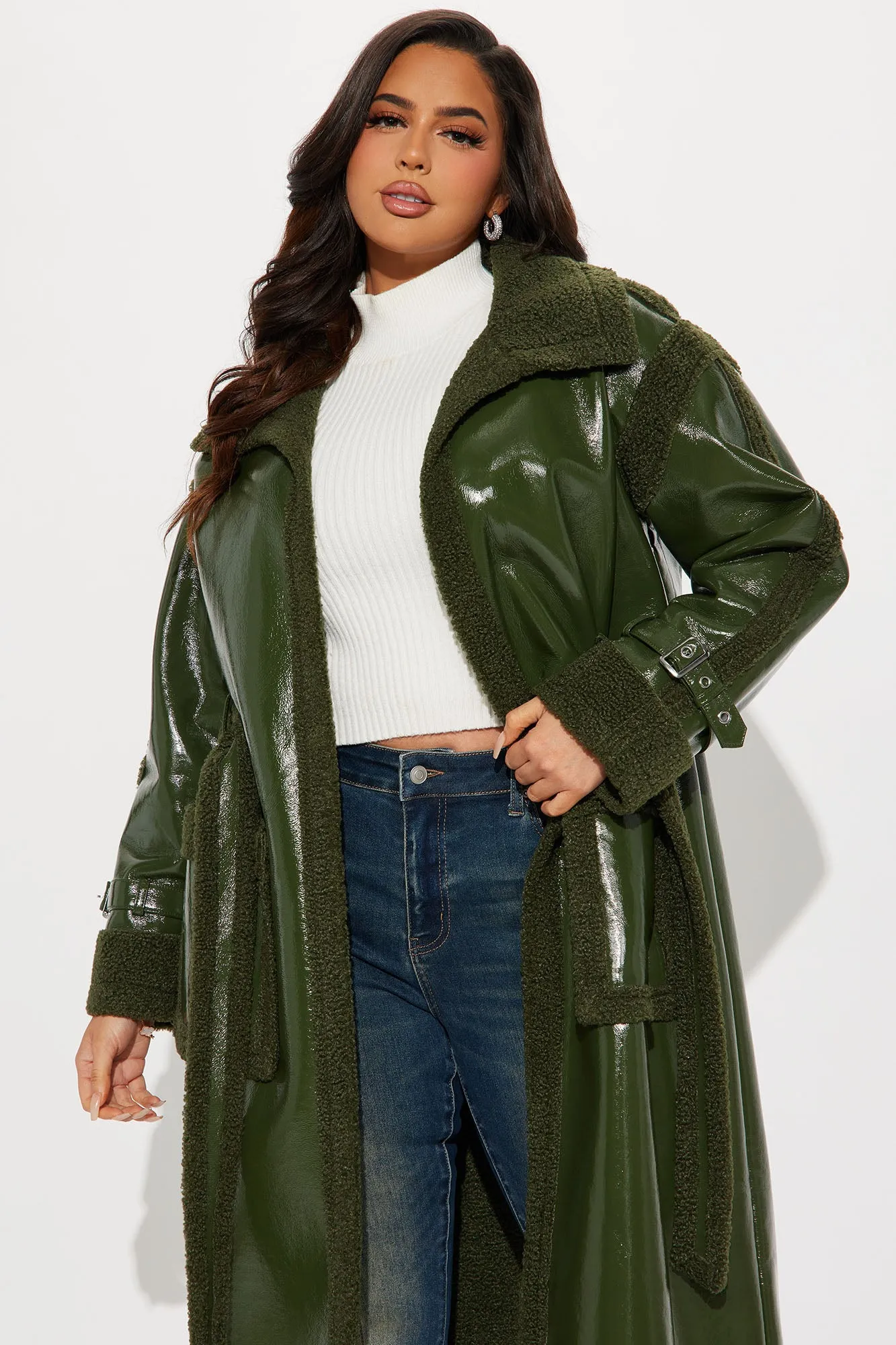 Bad Ideas Shearling Trench Coat - Olive