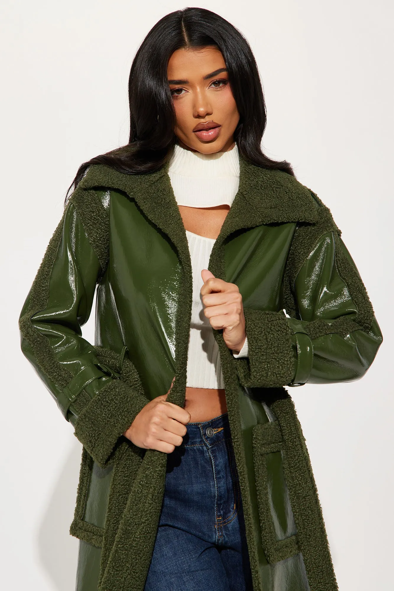 Bad Ideas Shearling Trench Coat - Olive