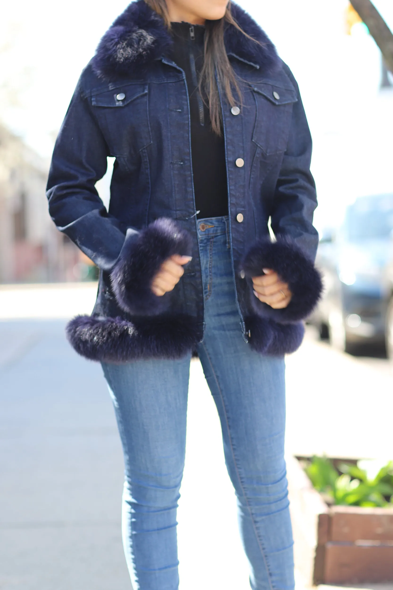 Blue Denim Jacket w/ Fox Fur Trim - Blue/Natural