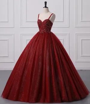 Burgundy Bling Tulle Ball gowns Long Prom Dress with Embroidered Sequins