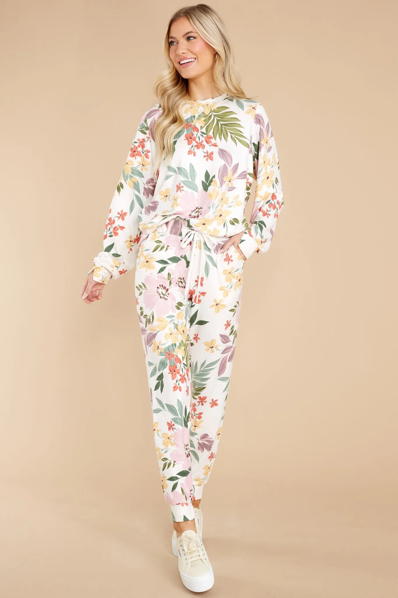 Carefree Living Ivory Multi Floral Joggers