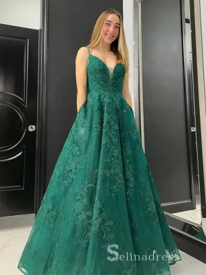 Chic A-line Spaghetti Straps Dark Green Long Prom Dresses Lace Evening Dresses MLH1238