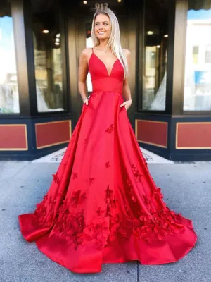 Chic A-line Spaghetti Straps Red Prom Dress Long Applique V-neck Satin Evening Dress JKW219