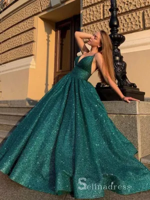 Chic A-line Spaghetti Straps Sparkly Long Prom Dresses Green Evening Dresses MLH1226