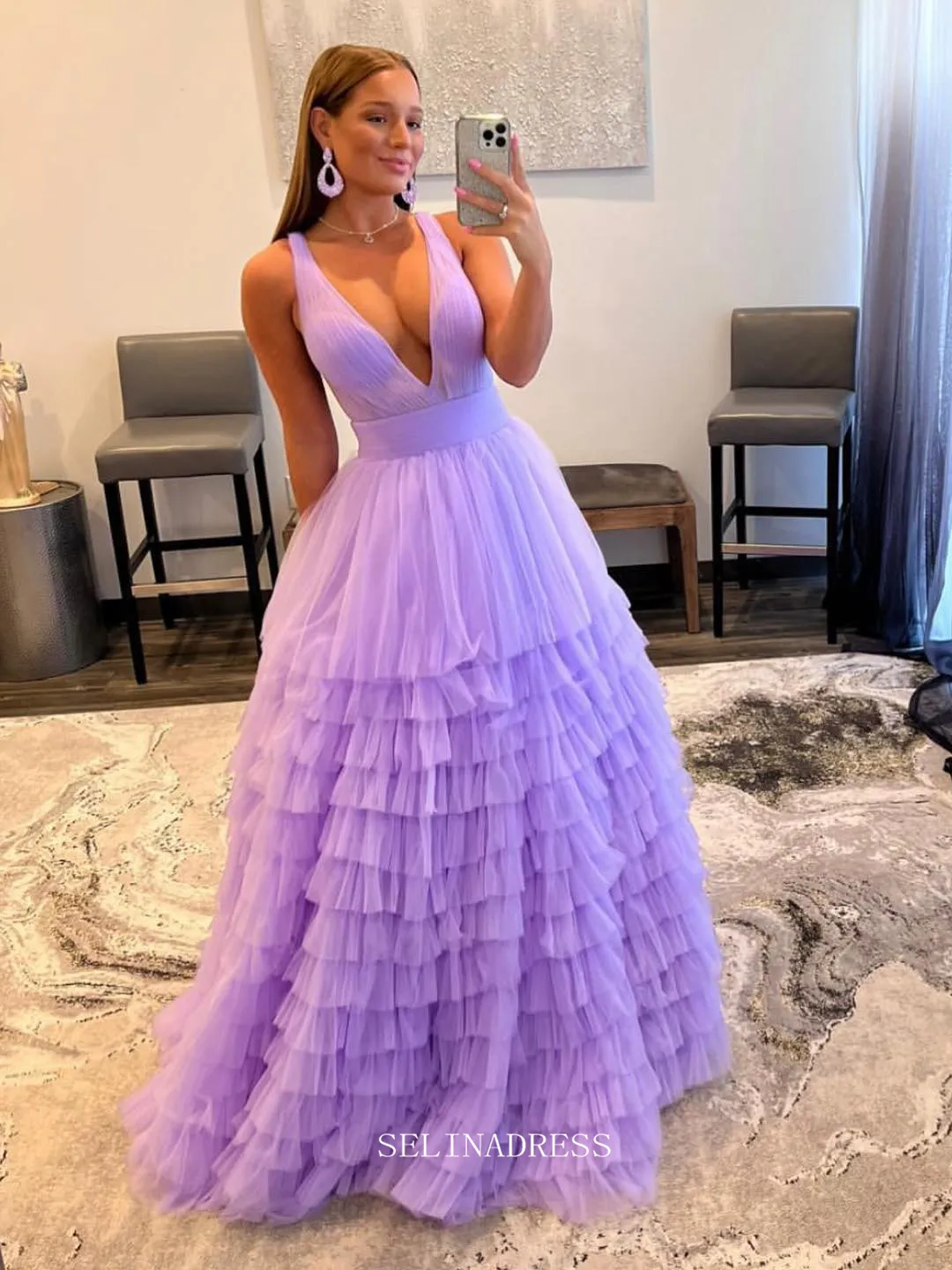 Chic A-line V neck Lilac Prom Dresses Tulle Long Evening Dress Ruffles Formal Dresses TKL079