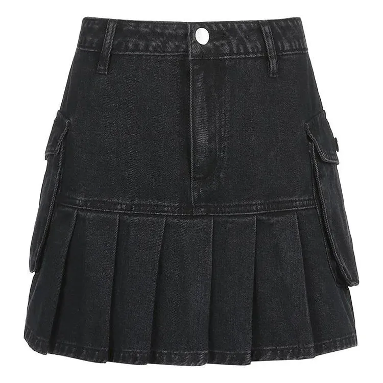 Chic Denim High Waist Pleated Mini Skirt