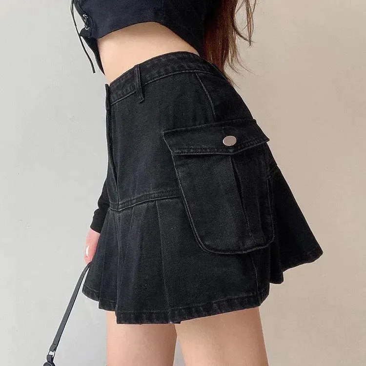 Chic Denim High Waist Pleated Mini Skirt