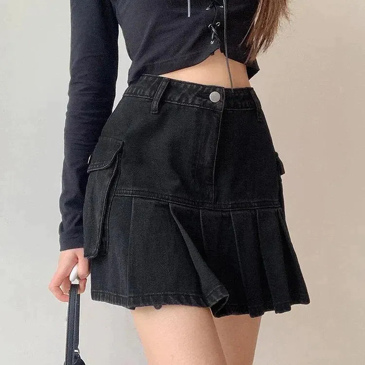 Chic Denim High Waist Pleated Mini Skirt