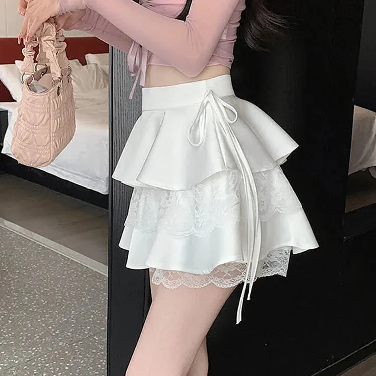 Chic High Waist Layered Lace Stitching Mini Skirt