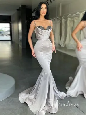 Chic Mermaid Gorgeous Long Prom Dresses Spaghetti Straps Silver Evening Dresses MLH0487