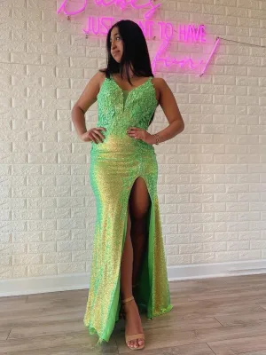 Chic Mermaid Spaghetti Straps Sequins Lace Long Prom Dress Green Elegant Evening Dress #JKSS56