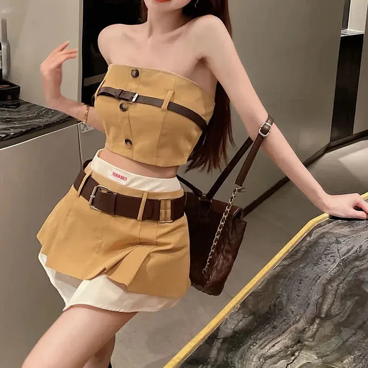 Chic Off Shoulder Top High Waist Mini Skirt With Belt