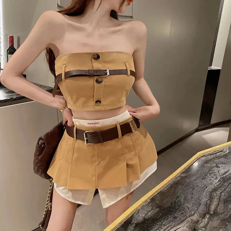 Chic Off Shoulder Top High Waist Mini Skirt With Belt