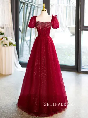 Chic Red A-line Princess Dresses With Puff Sleeve Beaded Elegant Evening Gowns TKL2505