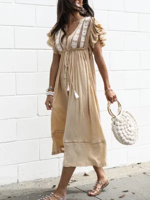 Chic Tassel Button Loose Bohemian Maxi Dress