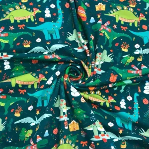 Christmas Dinosaurs on Dark Teal French Terry Fabric