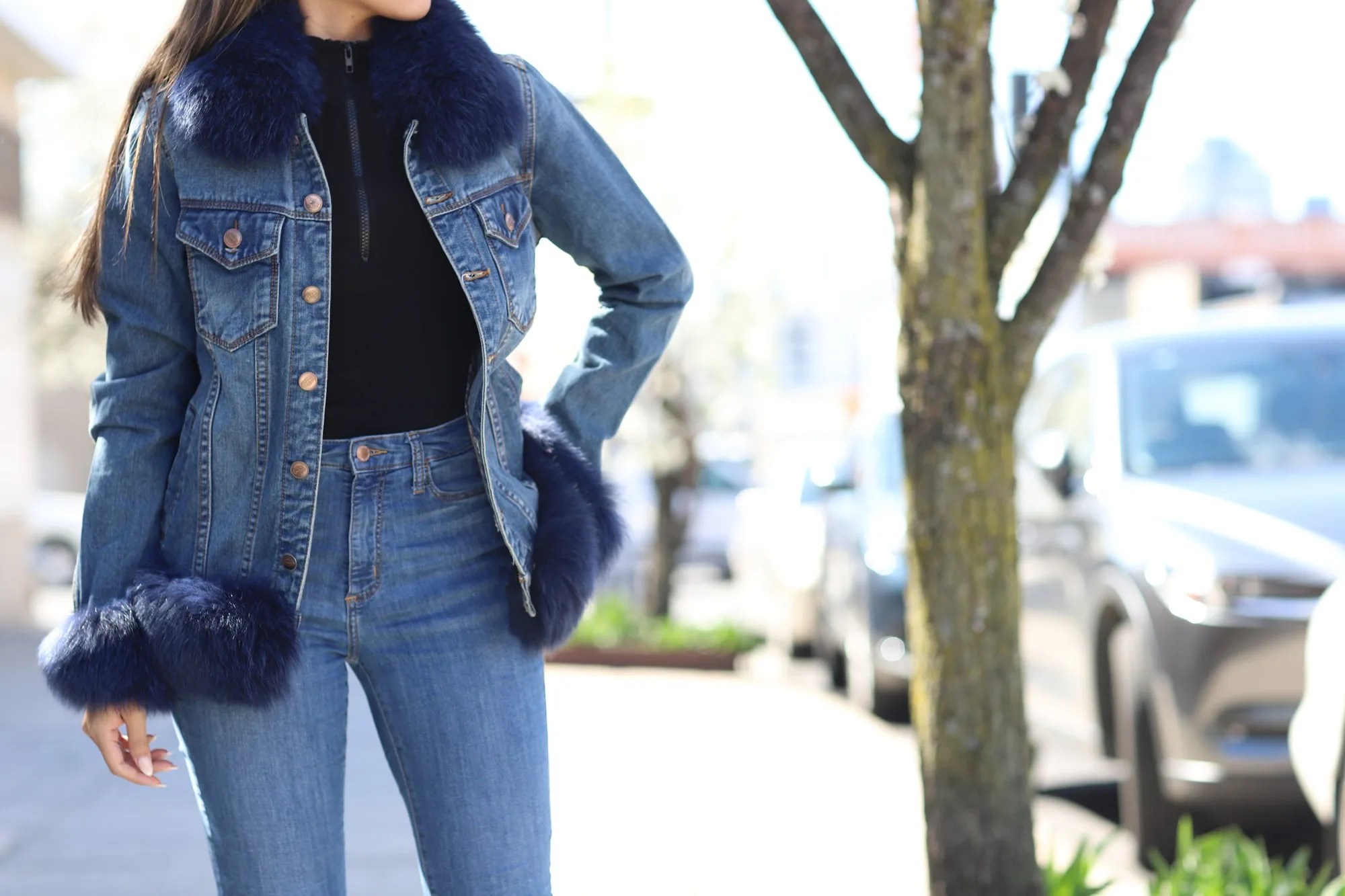 Denim Jacket with Blue Fox Fur Trim - Natural