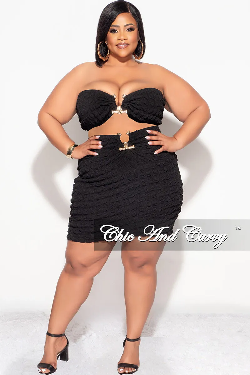 Final Sale Plus Size 2pc Honeycomb Texture Strapless Top and Skirt Set in Black