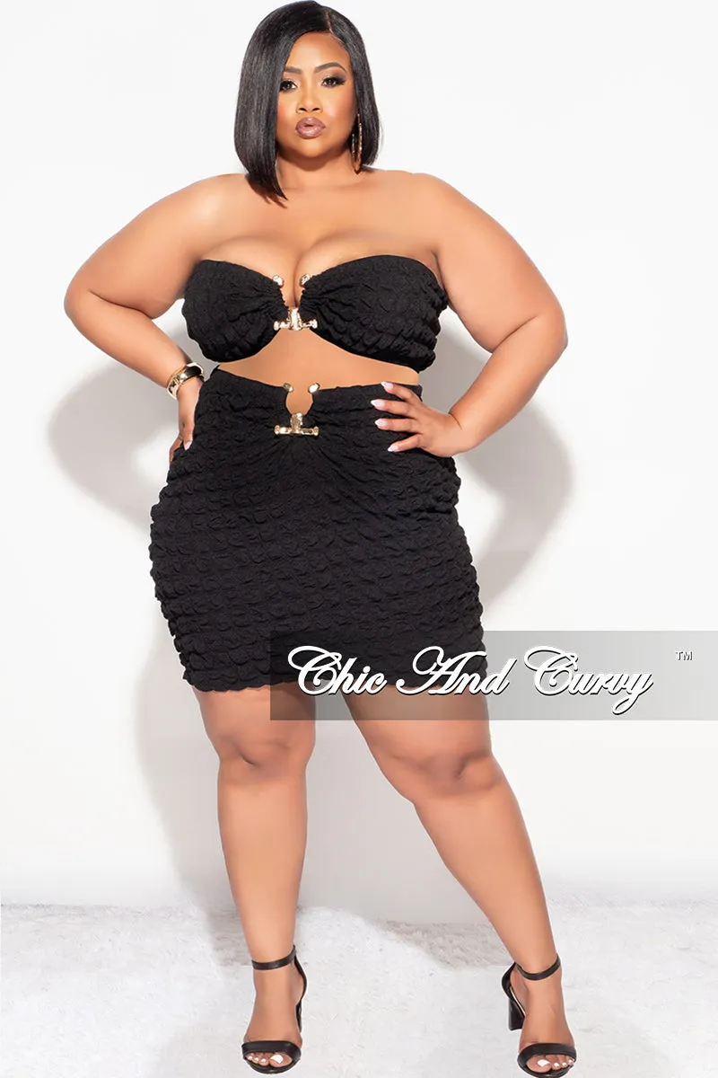 Final Sale Plus Size 2pc Honeycomb Texture Strapless Top and Skirt Set in Black