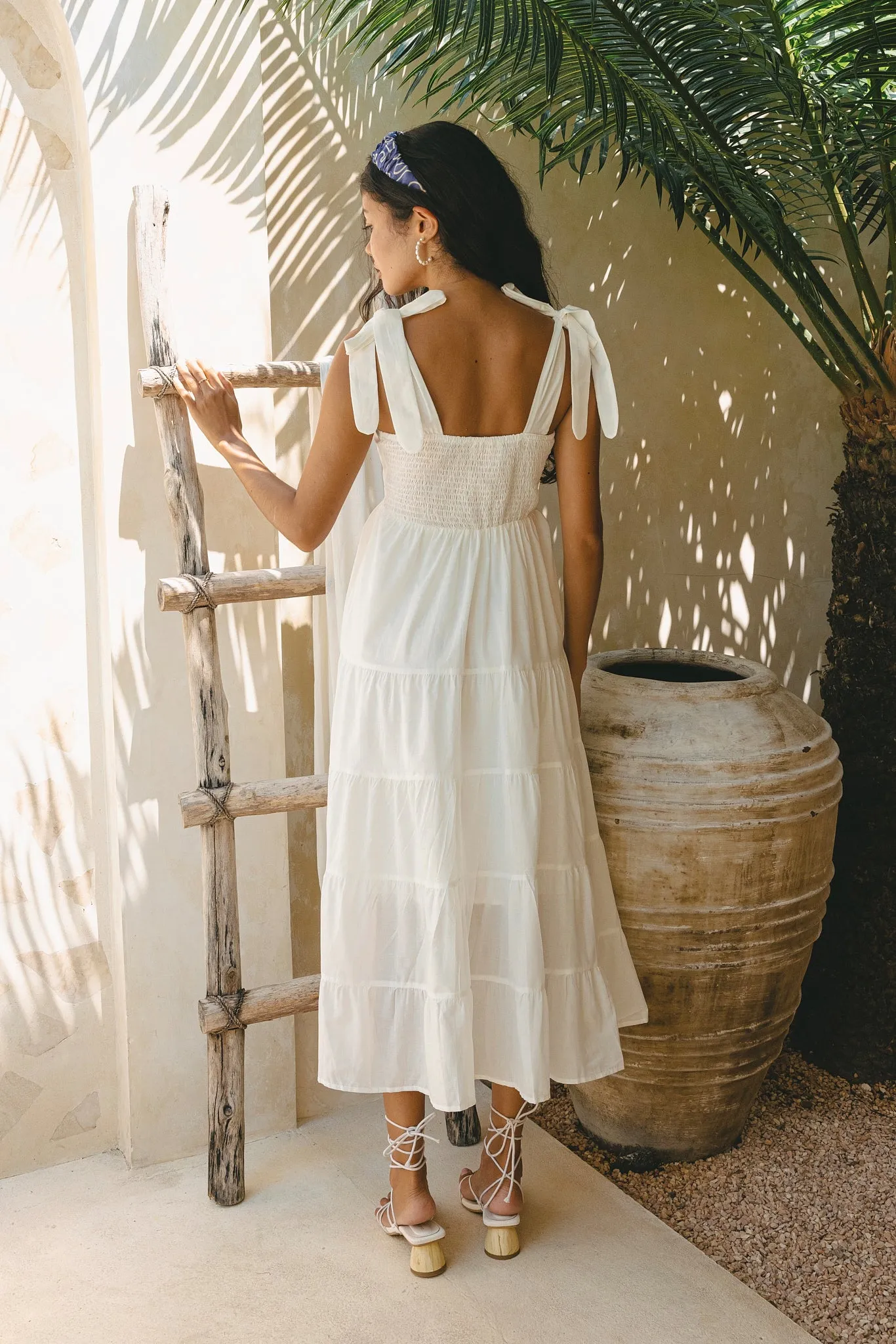 Genevie White Tiered Tie Midi Dress