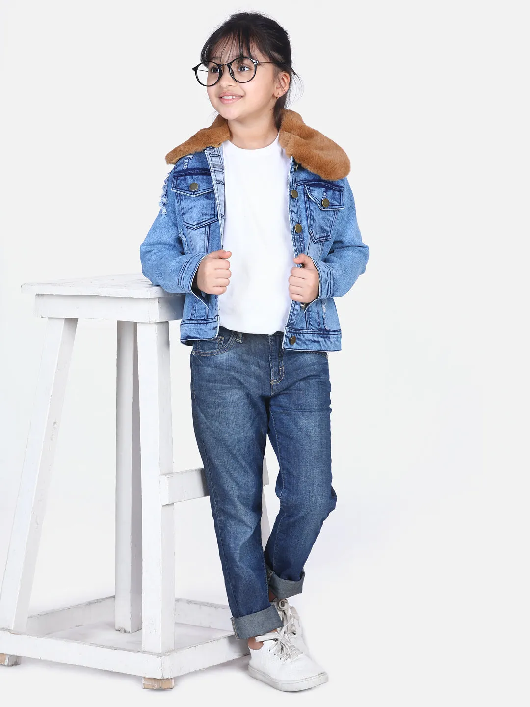 Girl's  Distressed Denim Jacket With Detachable Faux Fur Collar - StyleStone Kid