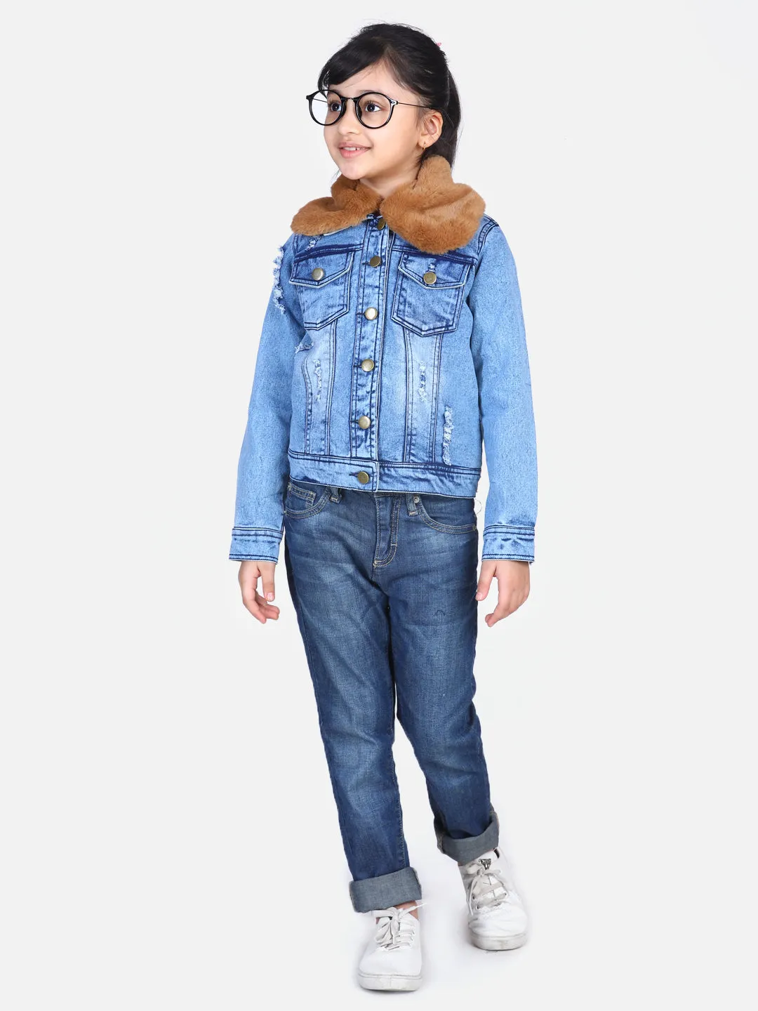 Girl's  Distressed Denim Jacket With Detachable Faux Fur Collar - StyleStone Kid