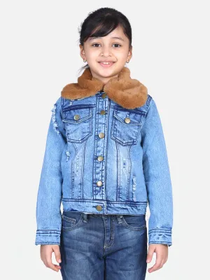 Girl's  Distressed Denim Jacket With Detachable Faux Fur Collar - StyleStone Kid