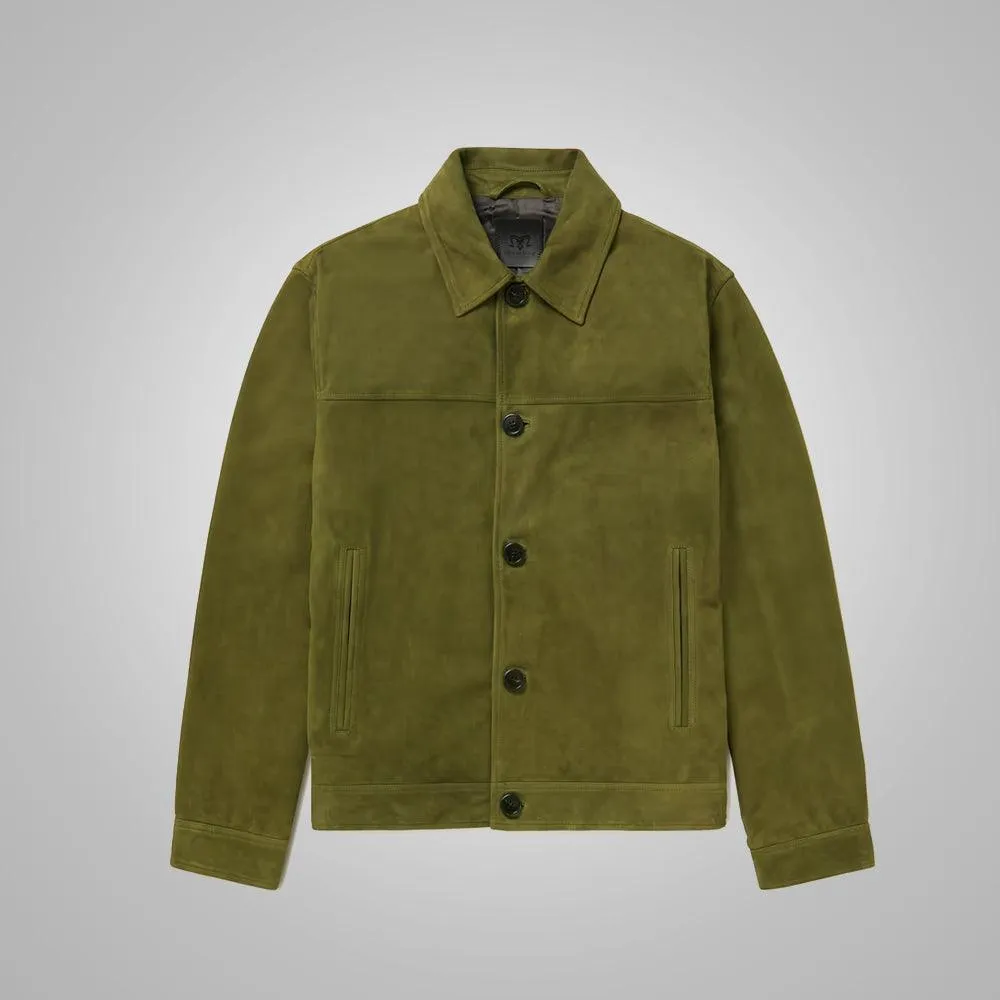 Green Suede Leather Trucker Jacket