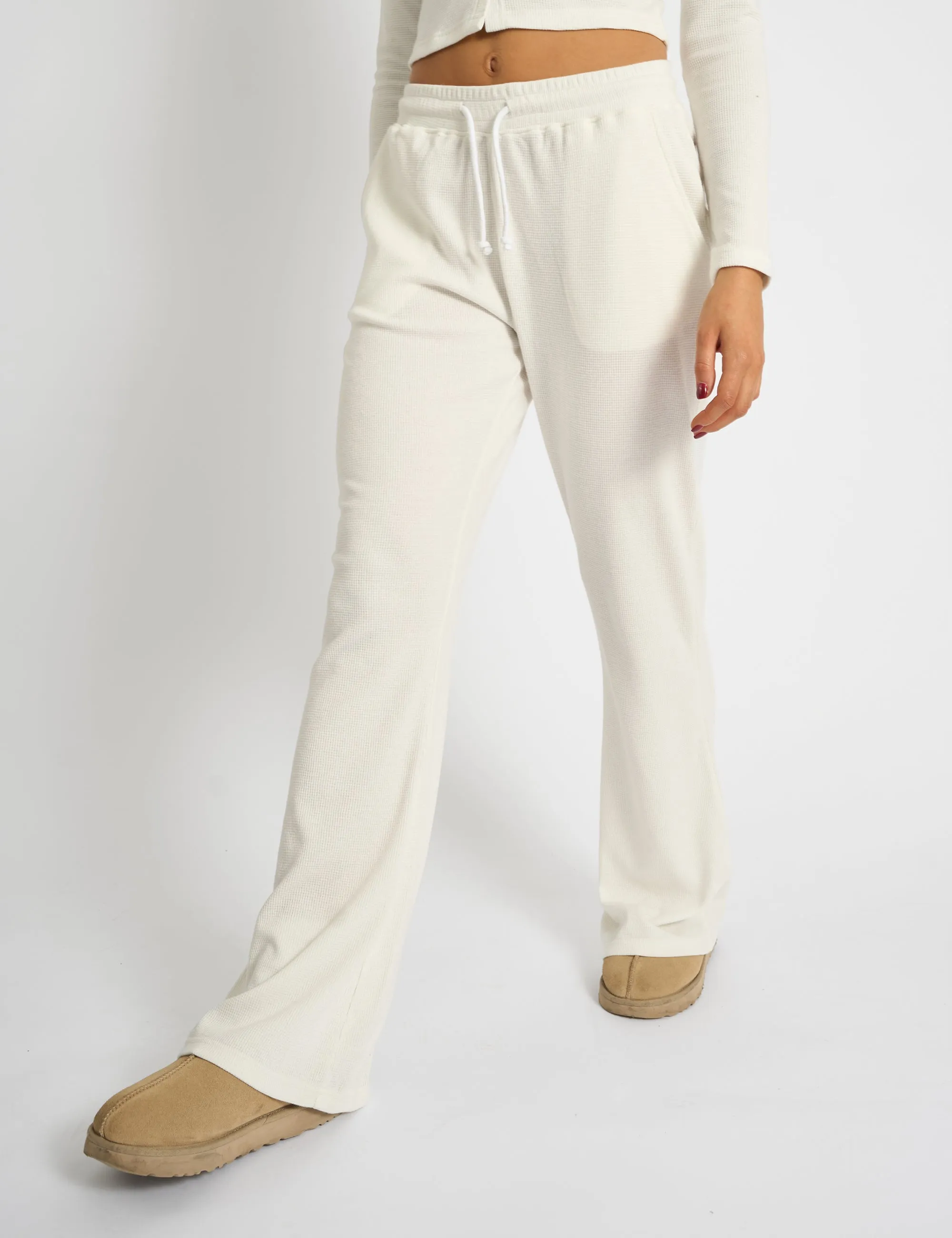 Kaiia Waffle Wide Leg Joggers Cream