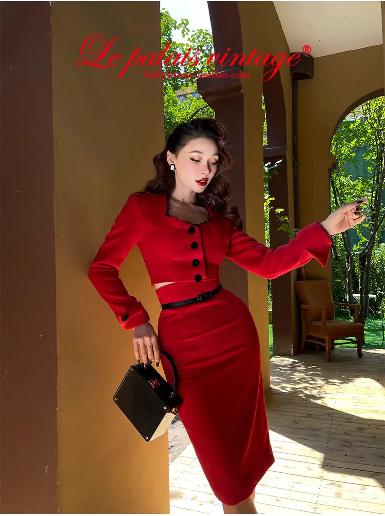 Le palais vintage red skirt    crop jacket suit set - Manui