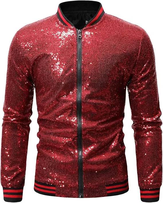 Men's Glitter Sequin Zip Up Black  Bomber Jacket