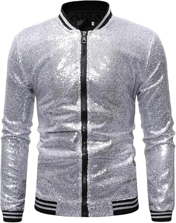 Men's Glitter Sequin Zip Up Black  Bomber Jacket