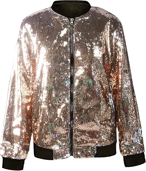 Men's Glitter Sequin Zip Up Black  Bomber Jacket