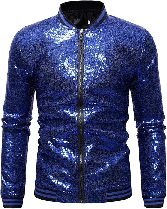 Men's Glitter Sequin Zip Up Black  Bomber Jacket