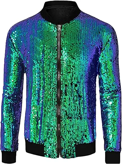 Men's Glitter Sequin Zip Up Black  Bomber Jacket