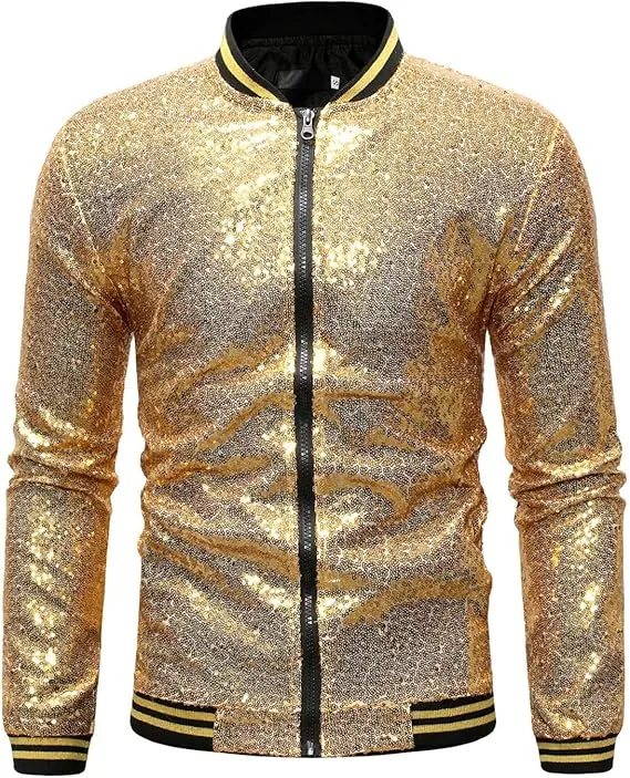 Men's Glitter Sequin Zip Up Black  Bomber Jacket