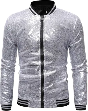 Men's Glitter Sequin Zip Up Silver Bomber Jacket