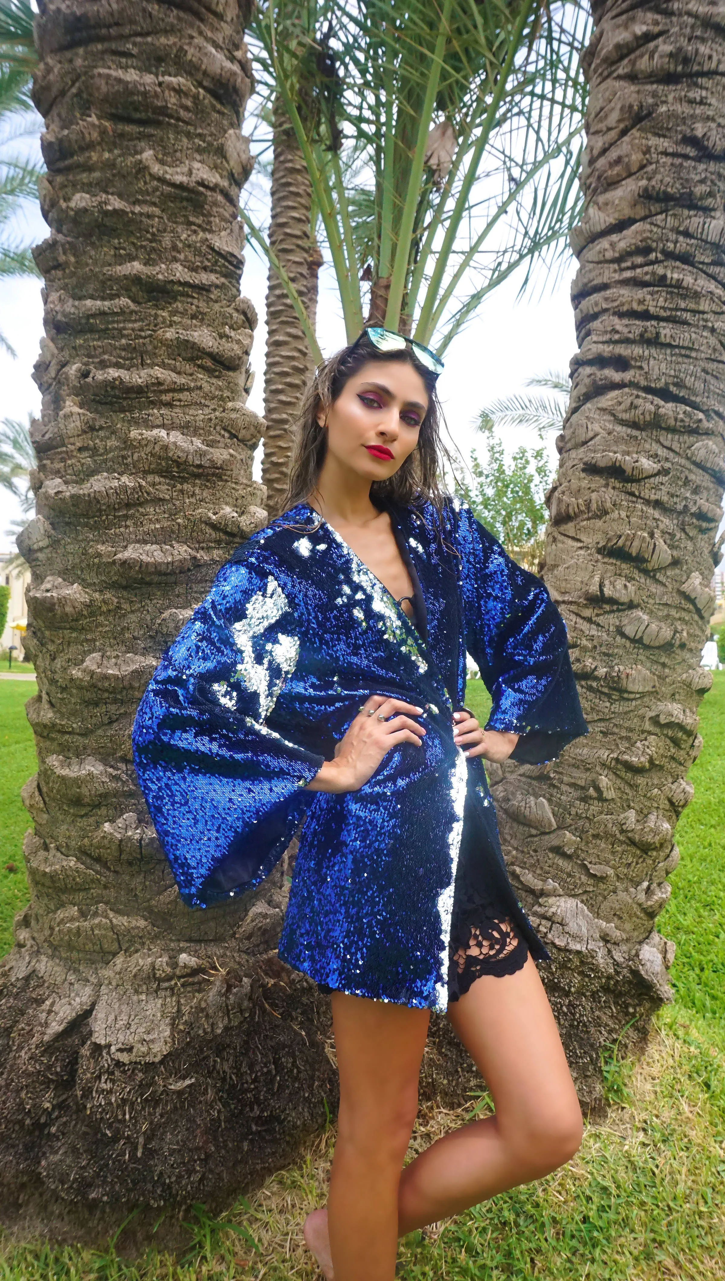 Navy Blue & Silver Sequin Cardigan - Palmaia