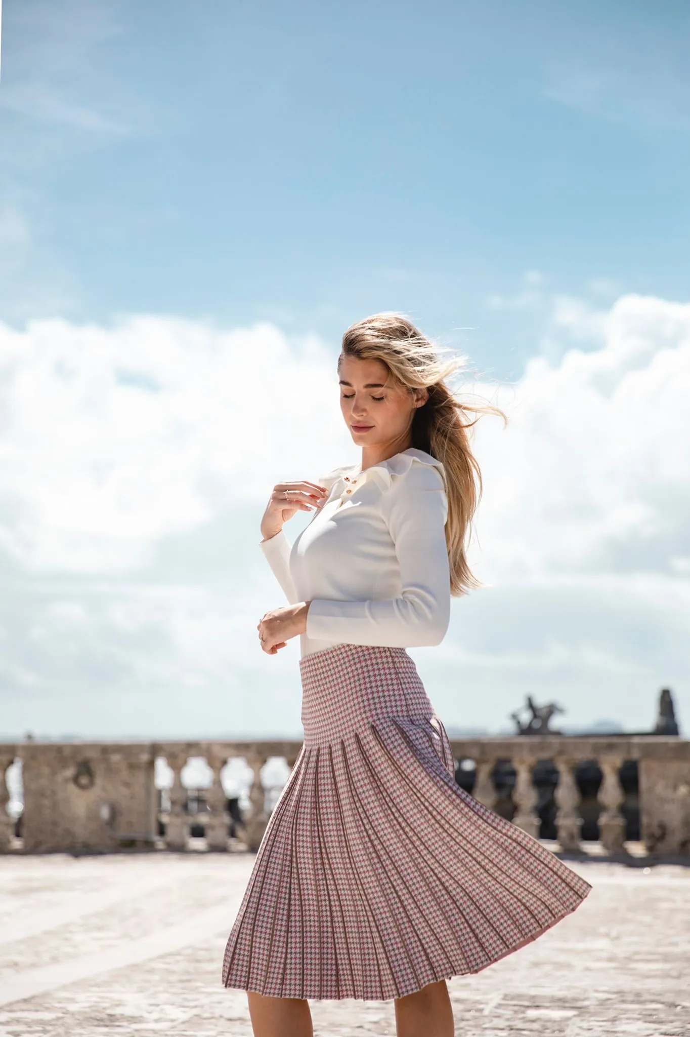 Pleated Houndstooth Skirt